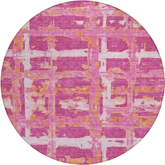 8' Blush Pink And Orange Round Striped Washable Indoor Outdoor Area Rug Photo 2