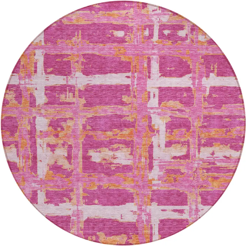 8' Blush Pink And Orange Round Striped Washable Indoor Outdoor Area Rug Photo 2
