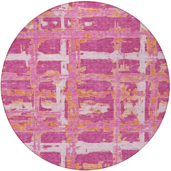 8' Blush Pink And Orange Round Striped Washable Indoor Outdoor Area Rug Photo 6