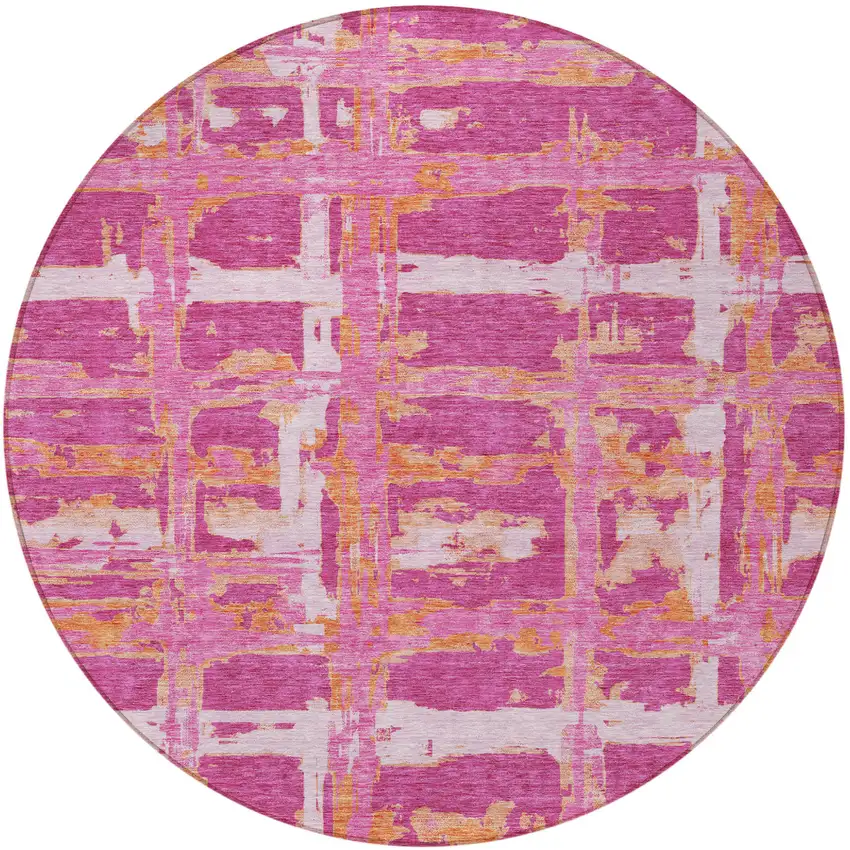 8' Blush Pink And Orange Round Striped Washable Indoor Outdoor Area Rug Photo 6