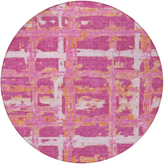 8' Blush Pink And Orange Round Striped Washable Indoor Outdoor Area Rug Photo 6