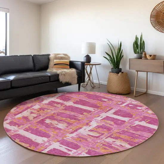 8' Blush Pink And Orange Round Striped Washable Indoor Outdoor Area Rug Photo 8