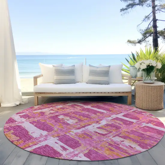 8' Blush Pink And Orange Round Striped Washable Indoor Outdoor Area Rug Photo 7