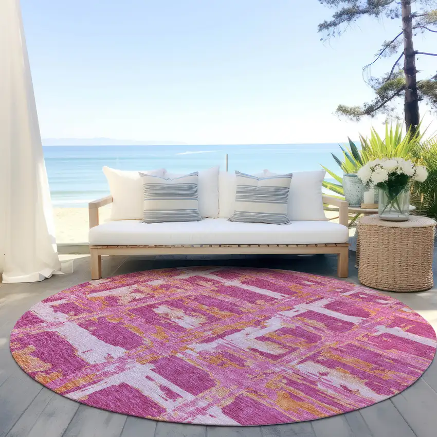 8' Blush Pink And Orange Round Striped Washable Indoor Outdoor Area Rug Photo 7