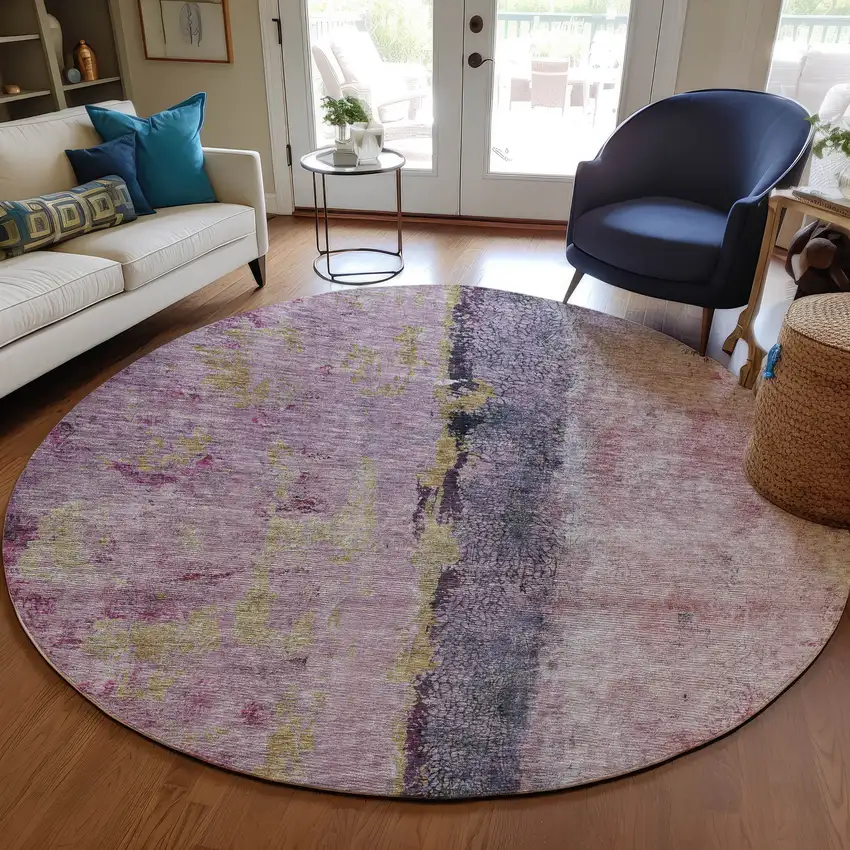 8' Blush Pink And Purple Round Abstract Washable Indoor Outdoor Area Rug Photo 9