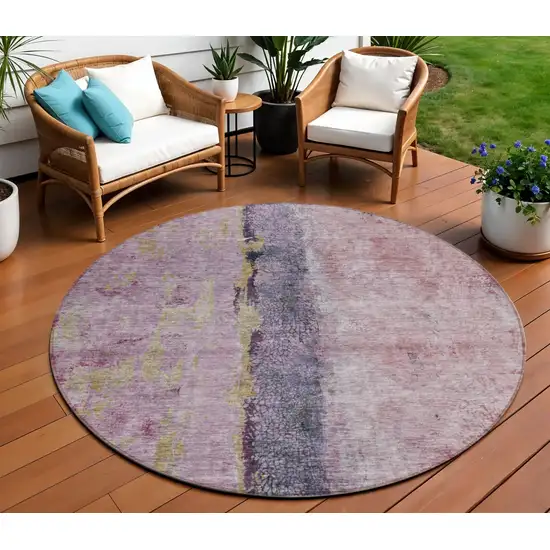 8' Blush Pink And Purple Round Abstract Washable Indoor Outdoor Area Rug Photo 1