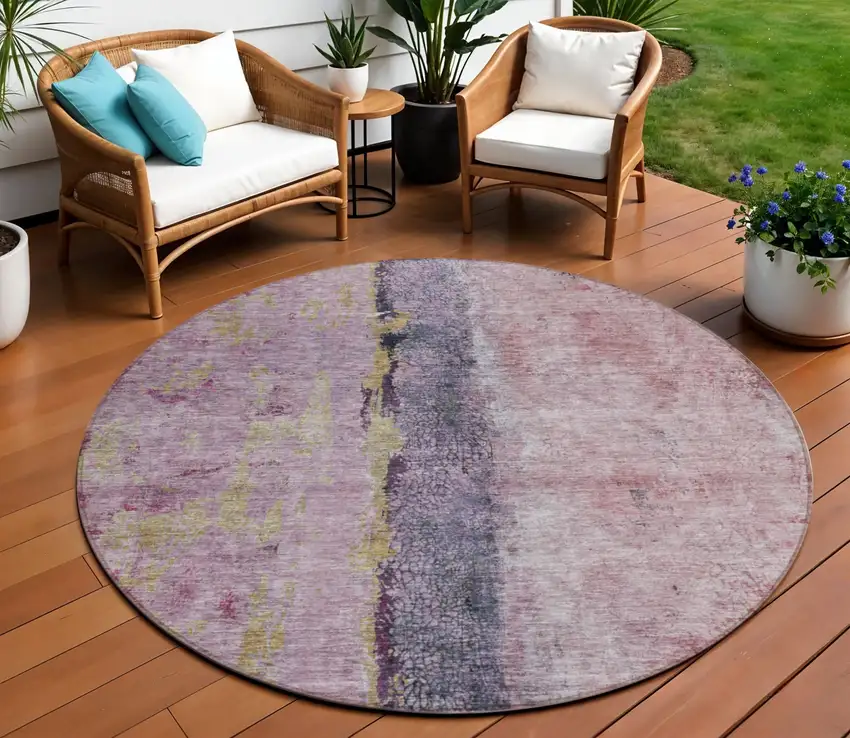 8' Blush Pink And Purple Round Abstract Washable Indoor Outdoor Area Rug Photo 1
