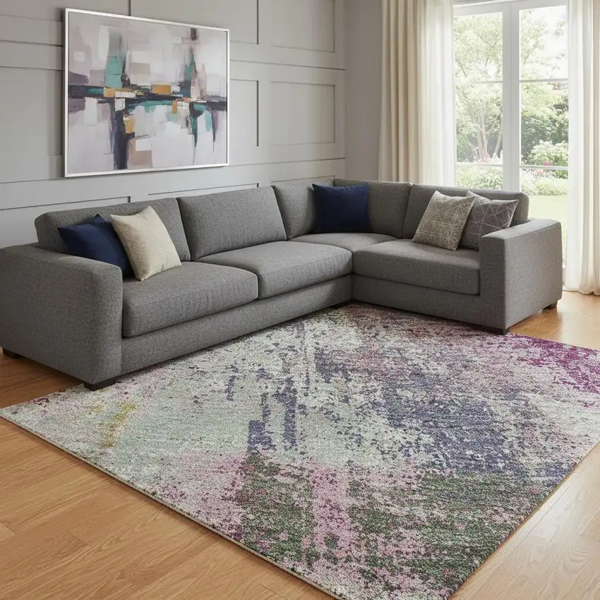 8' Blush Purple And Gray Abstract Washable Area Rug With UV Protection Photo 2