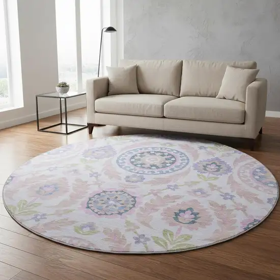 8' Blush Purple And Green Floral Washable Round Rug With UV Protection Photo 2
