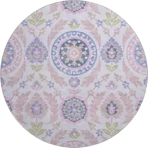 Photo of 8' Blush Purple And Green Floral Washable Round Rug With UV Protection
