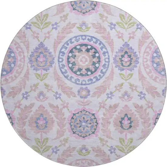 8' Blush Purple And Green Floral Washable Round Rug With UV Protection Photo 1