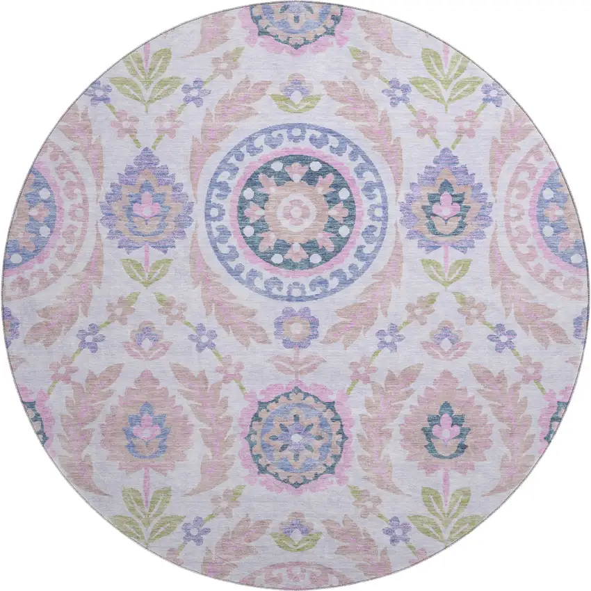 8' Blush Purple And Green Floral Washable Round Rug With UV Protection Photo 1