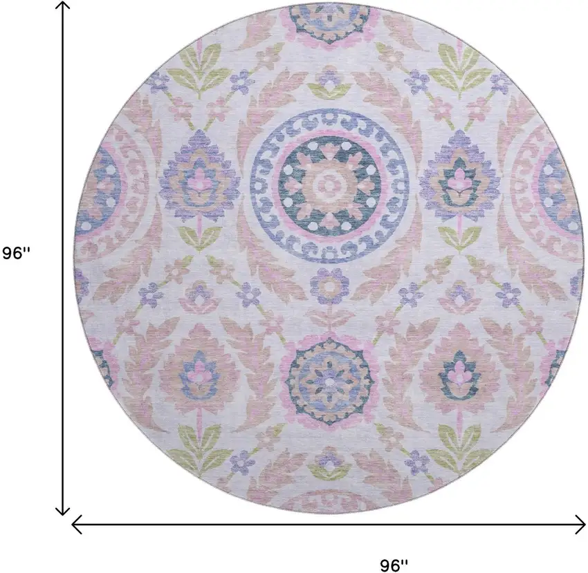 8' Blush Purple And Green Floral Washable Round Rug With UV Protection Photo 3