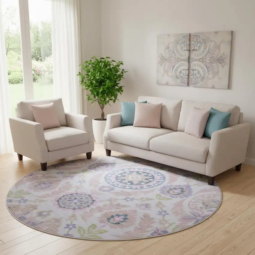 8' Blush Purple And Green Floral Washable Round Rug With UV Protection Photo 1
