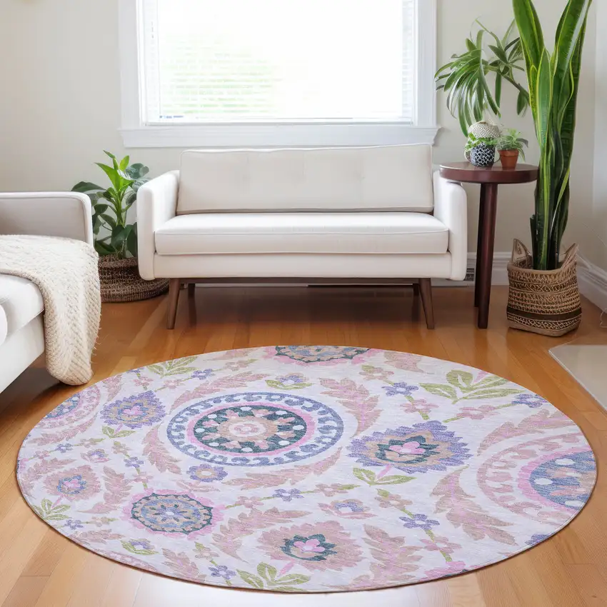 8' Blush Purple And Green Floral Washable Round Rug With UV Protection Photo 5