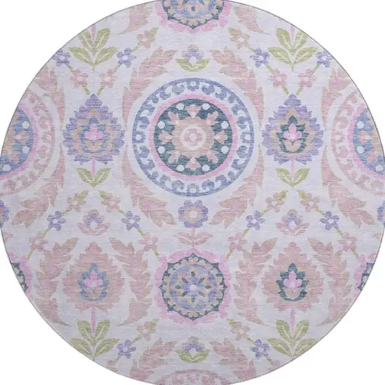 8' Blush Purple And Green Floral Washable Round Rug With UV Protection Photo 4