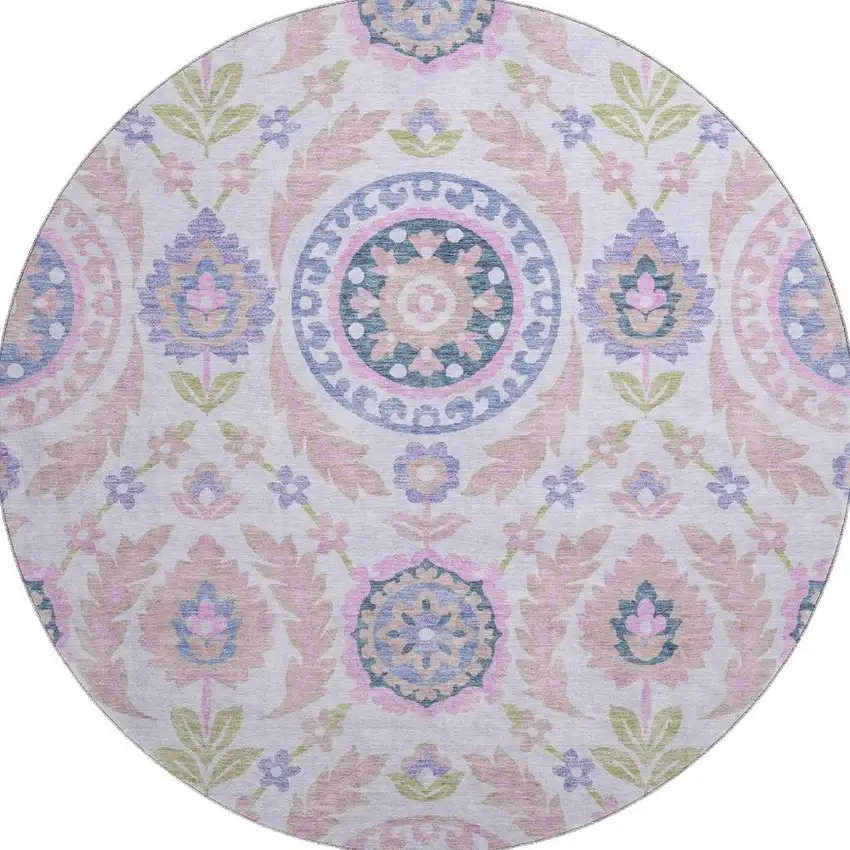 8' Blush Purple And Green Floral Washable Round Rug With UV Protection Photo 4