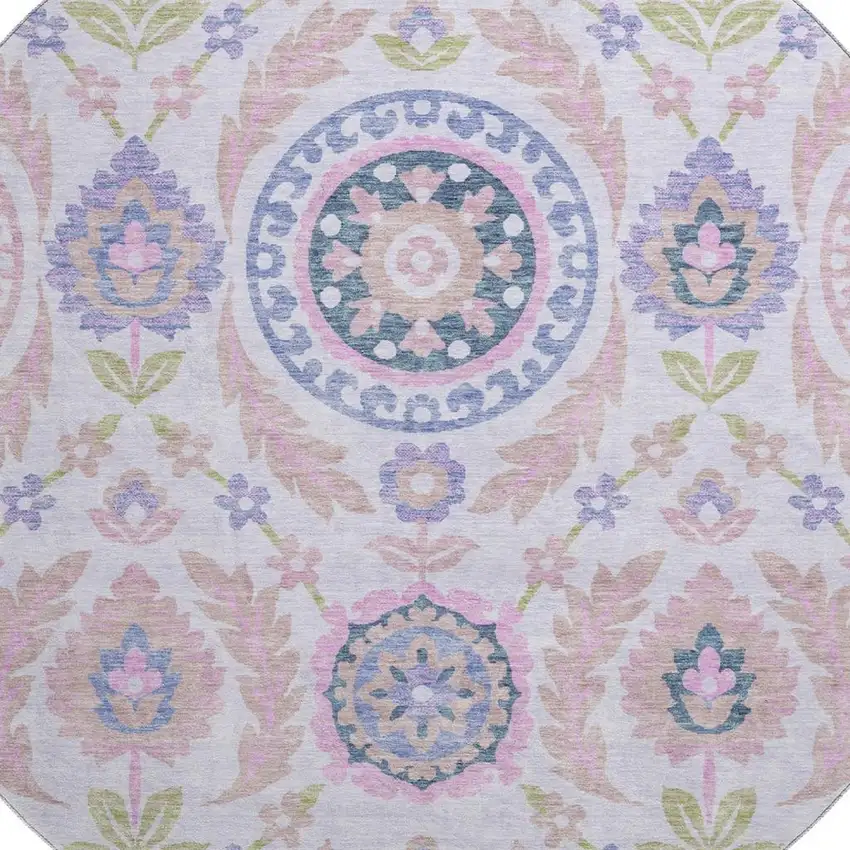 8' Blush Purple And Green Floral Washable Round Rug With UV Protection Photo 3