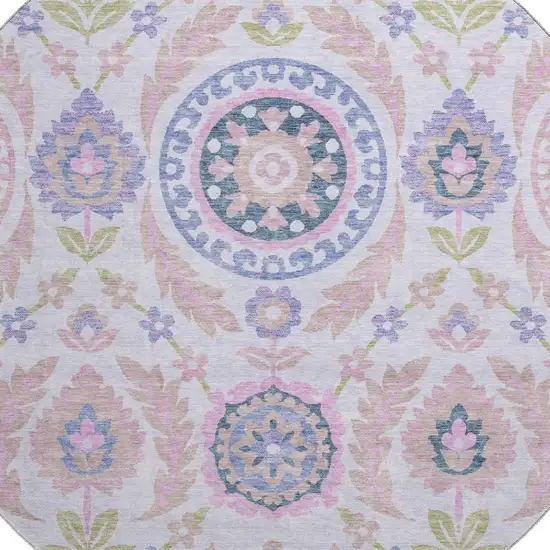 8' Blush Purple And Green Floral Washable Round Rug With UV Protection Photo 3