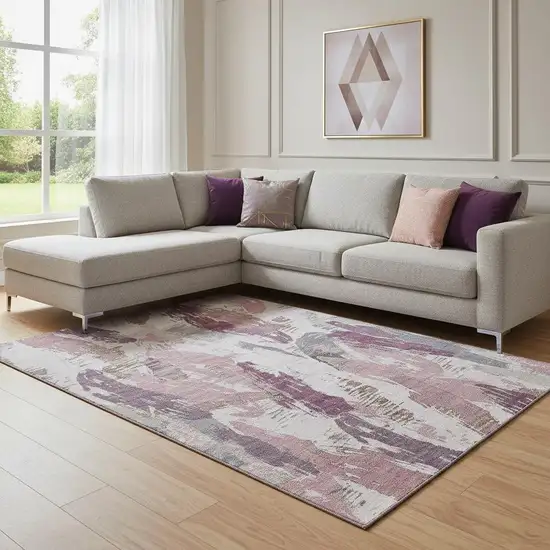 8' Blush Purple And Ivory Abstract Washable Area Rug With UV Protection Photo 2