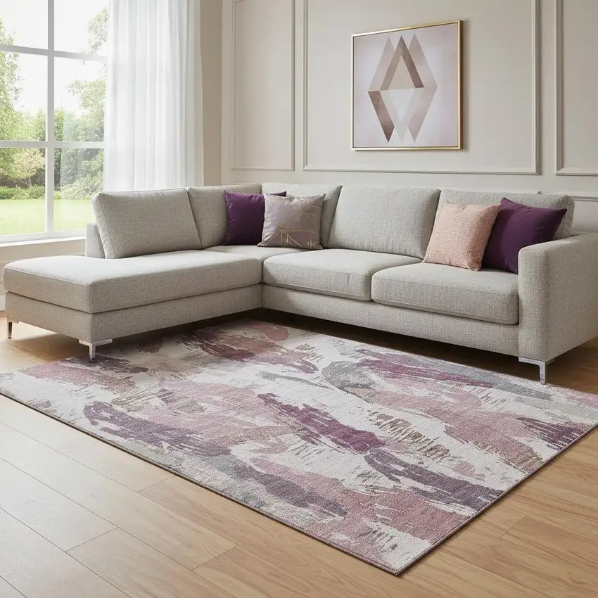 8' Blush Purple And Ivory Abstract Washable Area Rug With UV Protection Photo 2