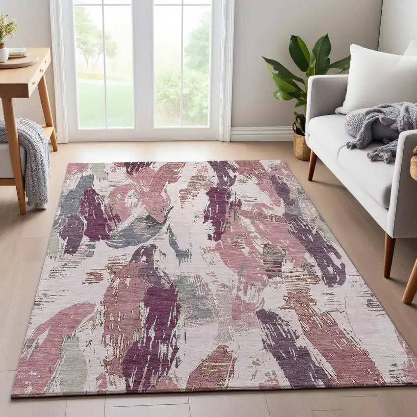 8' Blush Purple And Ivory Abstract Washable Area Rug With UV Protection Photo 5