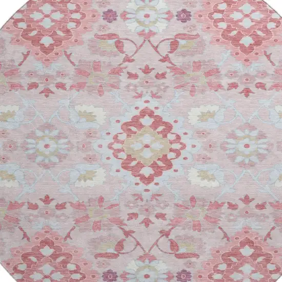 8' Blush Purple And Ivory Oriental Washable Round Rug With UV Protection Photo 2