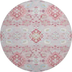 Photo of 8' Blush Purple And Ivory Oriental Washable Round Rug With UV Protection