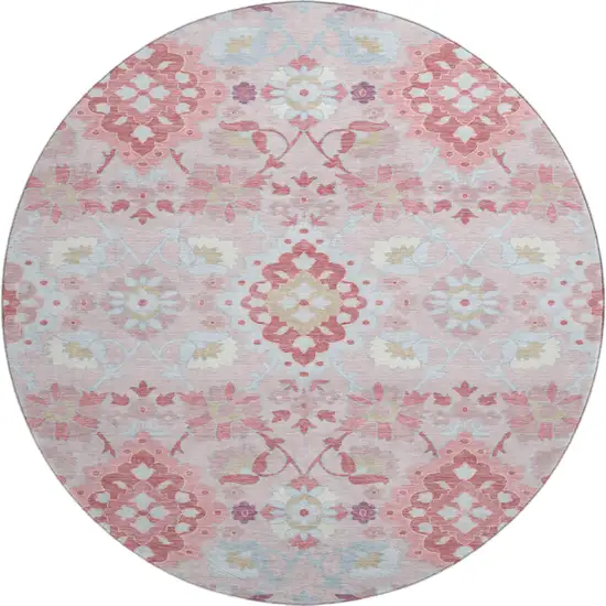 8' Blush Purple And Ivory Oriental Washable Round Rug With UV Protection Photo 1