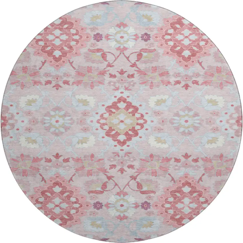 8' Blush Purple And Ivory Oriental Washable Round Rug With UV Protection Photo 1