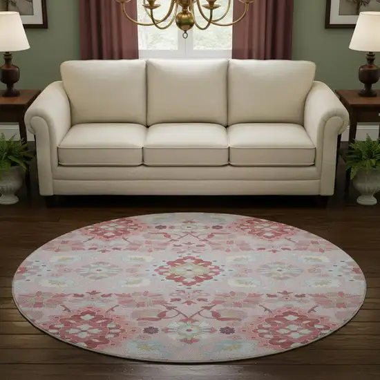 8' Blush Purple And Ivory Oriental Washable Round Rug With UV Protection Photo 2