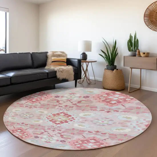 8' Blush Purple And Ivory Oriental Washable Round Rug With UV Protection Photo 4