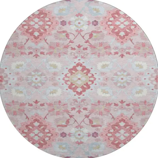 8' Blush Purple And Ivory Oriental Washable Round Rug With UV Protection Photo 3