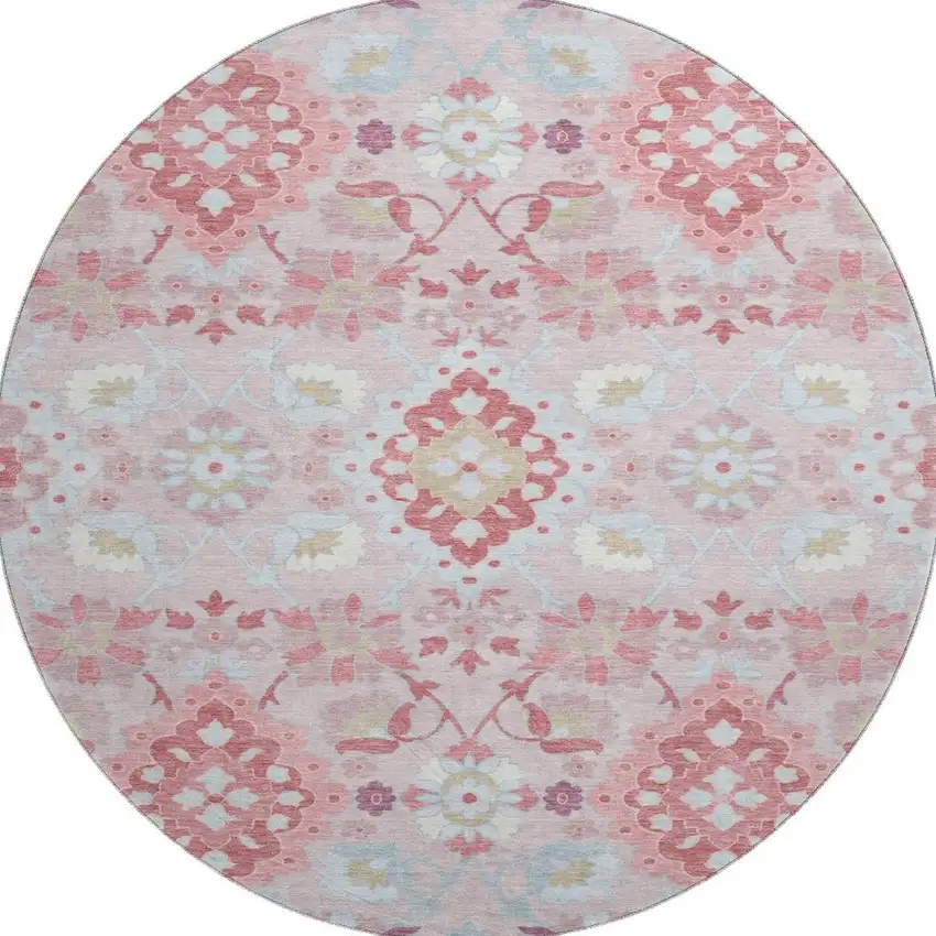 8' Blush Purple And Ivory Oriental Washable Round Rug With UV Protection Photo 3