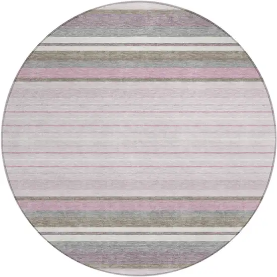 8' Blush Purple And Ivory Round Striped Washable Indoor Outdoor Area Rug Photo 2