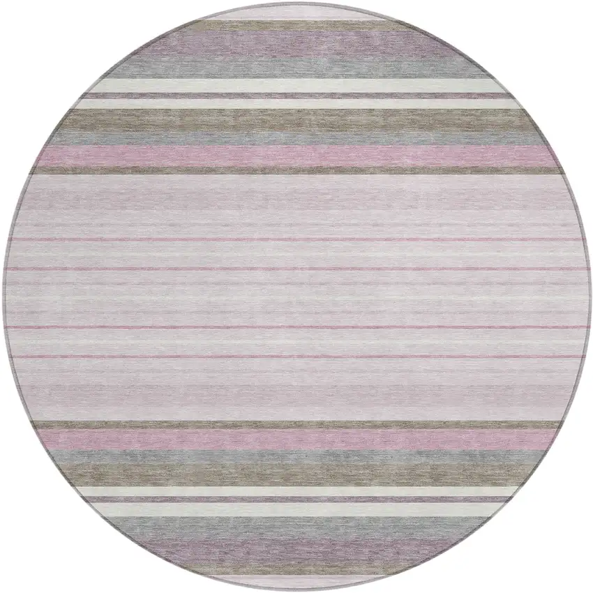8' Blush Purple And Ivory Round Striped Washable Indoor Outdoor Area Rug Photo 2