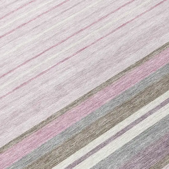 8' Blush Purple And Ivory Round Striped Washable Indoor Outdoor Area Rug Photo 9