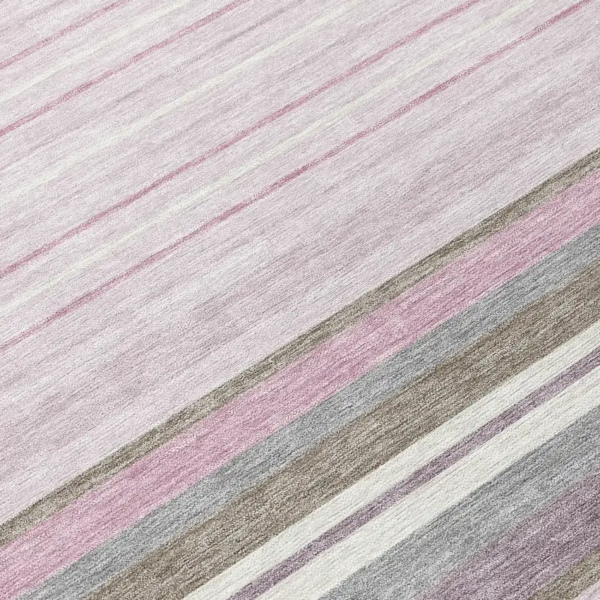 8' Blush Purple And Ivory Round Striped Washable Indoor Outdoor Area Rug Photo 9