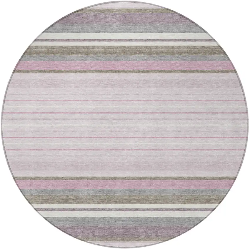 8' Blush Purple And Ivory Round Striped Washable Indoor Outdoor Area Rug Photo 4