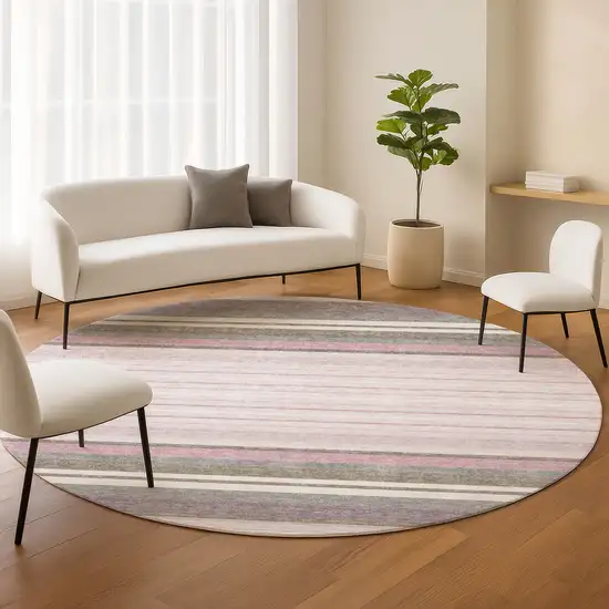 8' Blush Purple And Ivory Round Striped Washable Indoor Outdoor Area Rug Photo 9