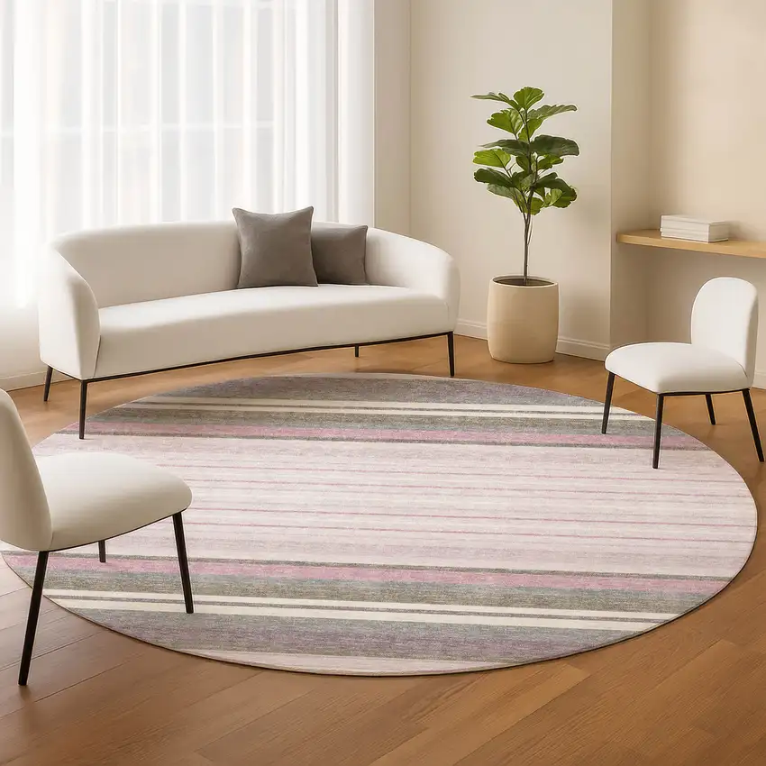 8' Blush Purple And Ivory Round Striped Washable Indoor Outdoor Area Rug Photo 9