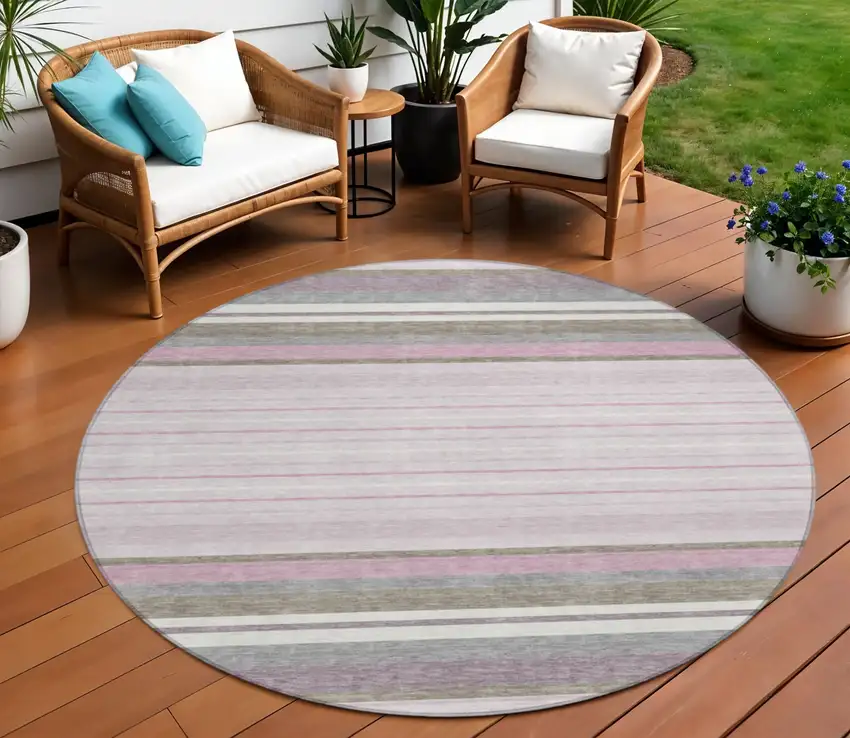 8' Blush Purple And Ivory Round Striped Washable Indoor Outdoor Area Rug Photo 1