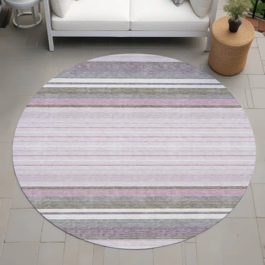 8' Blush Purple And Ivory Round Striped Washable Indoor Outdoor Area Rug Photo 7