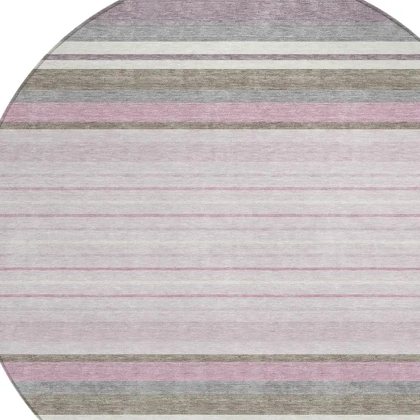 8' Blush Purple And Ivory Round Striped Washable Indoor Outdoor Area Rug Photo 6