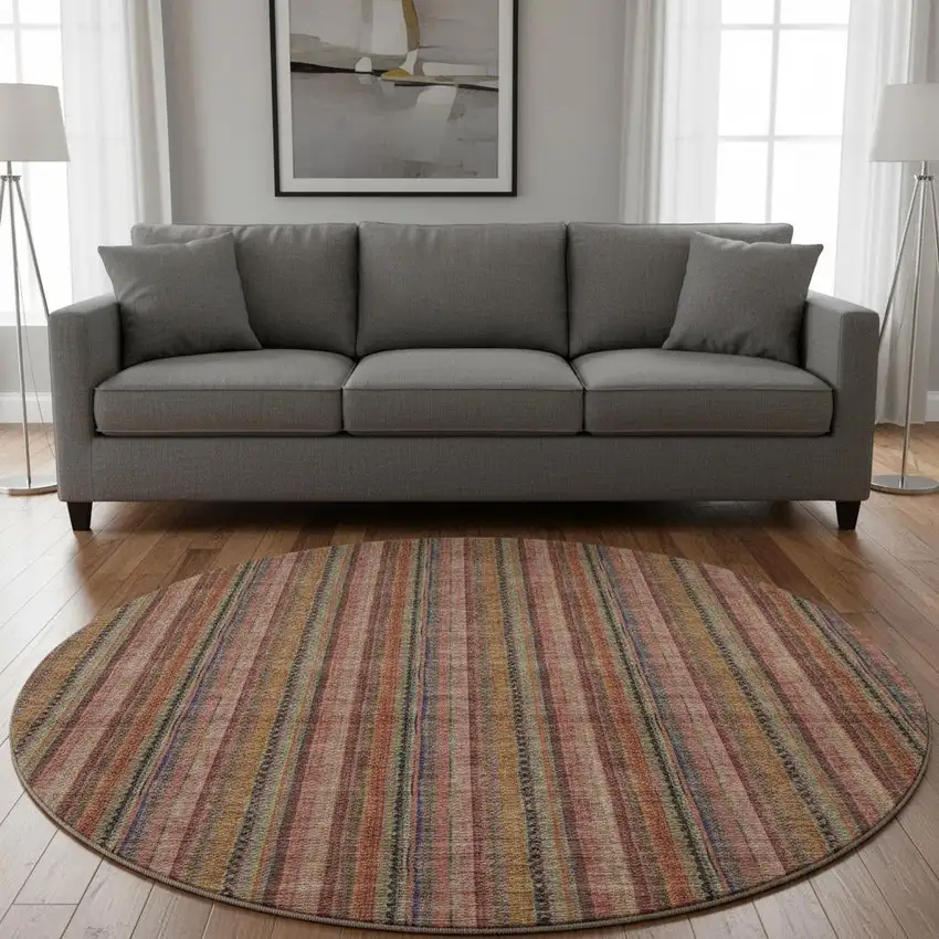 8' Blush Purple And Orange Striped Washable Round Rug With UV Protection Photo 2