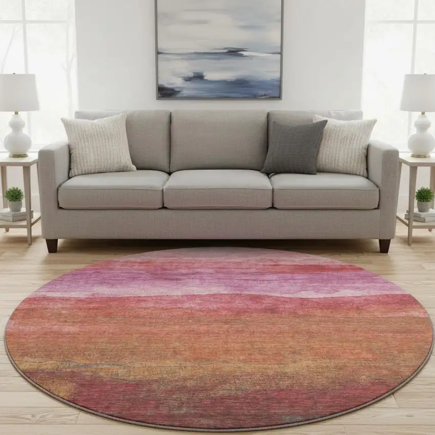 8' Blush Rust And Red Striped Washable Round Rug With UV Protection Photo 2