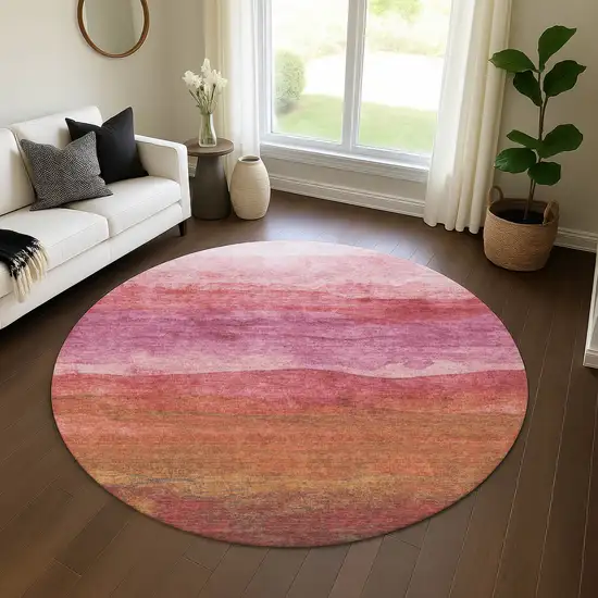 8' Blush Rust And Red Striped Washable Round Rug With UV Protection Photo 3