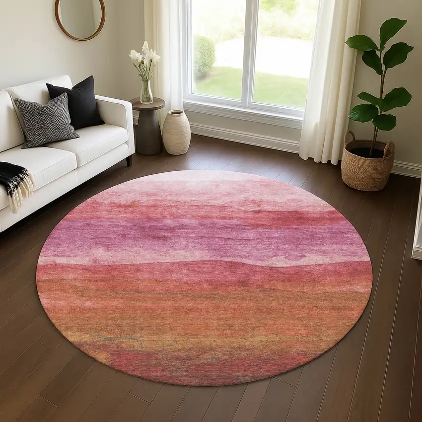 8' Blush Rust And Red Striped Washable Round Rug With UV Protection Photo 3
