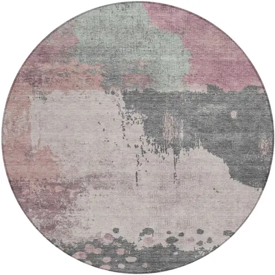 8' Blush Sage And Charcoal Round Abstract Washable Indoor Outdoor Area Rug Photo 1