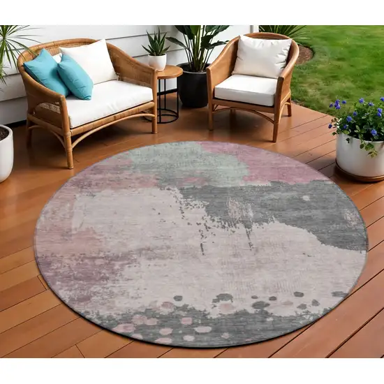 8' Blush Sage And Charcoal Round Abstract Washable Indoor Outdoor Area Rug Photo 2